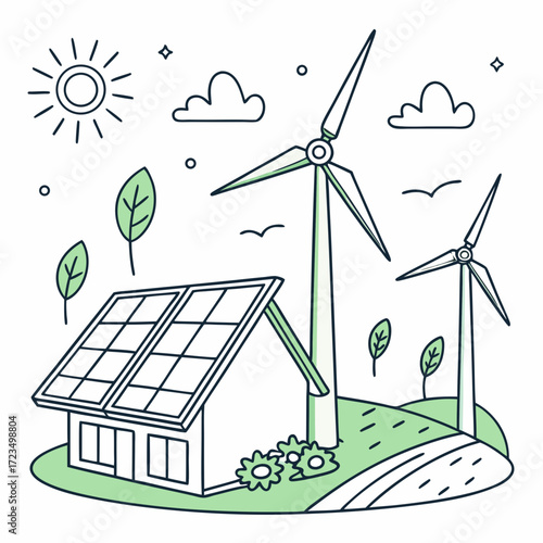 Modern eco friendly house with solar panels and wind turbines generating clean renewable energy on a sunny day