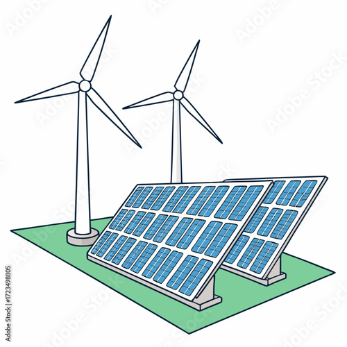 Modern renewable energy farm featuring two wind turbines and multiple solar panels on a green field