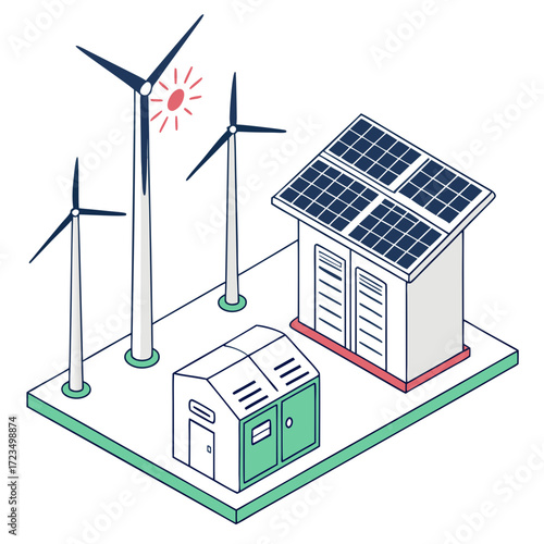 Modern renewable energy station with wind turbines and solar panels powering a small building