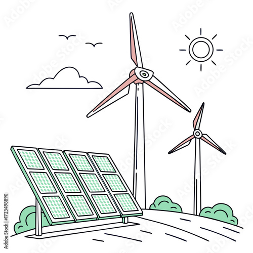 Modern renewable energy sources including solar panels and wind turbines on a sunny day with clouds and birds