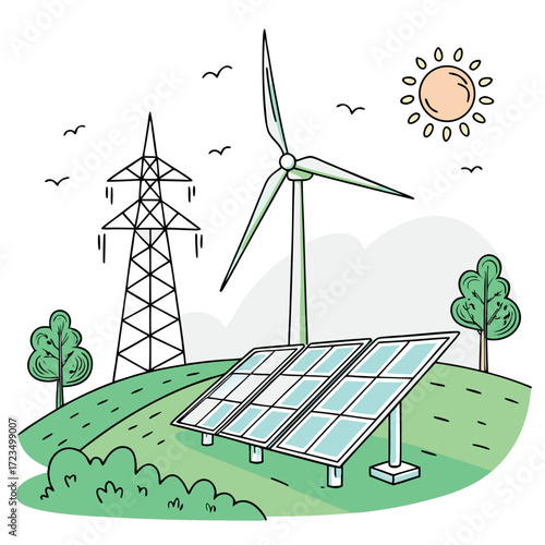 Renewable energy sources including solar panels wind turbine and power lines on a green hill under a sunny sky