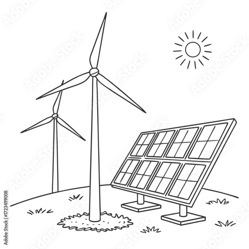 Simple line drawing of wind turbines and a solar panel under a bright sun representing renewable energy sources