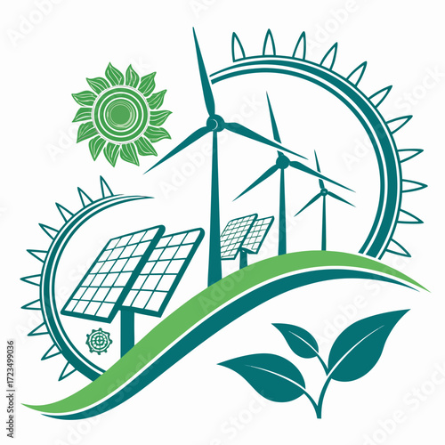 Stylized graphic illustration of renewable energy sources including wind turbines solar panels and a sunflower