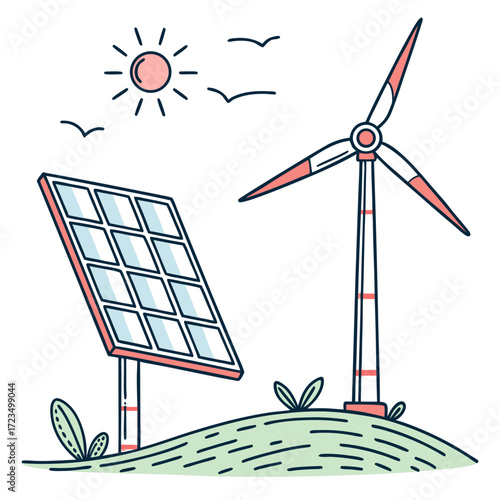 Stylized illustration of a solar panel and wind turbine on a green hill under a sunny sky with birds