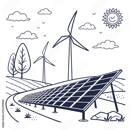 Stylized illustration of a renewable energy landscape featuring solar panels and wind turbines under a sunny sky