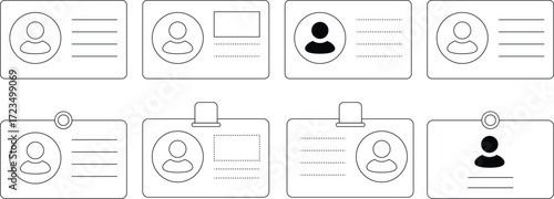 Collection of eight different ID card designs, featuring user icons and text lines, some with photo placeholders and clips.