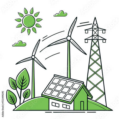 Sustainable energy concept with solar panels on house wind turbines and power lines under a bright sun