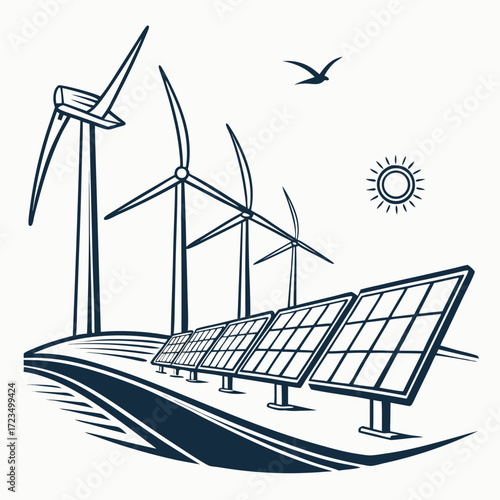 Wind turbines and solar panels generating clean energy under a sunny sky with a bird flying