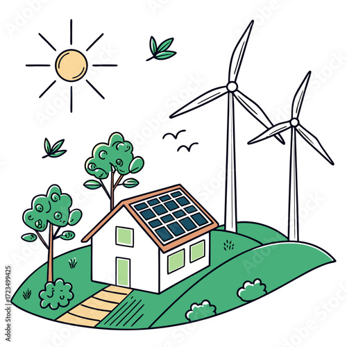 Sustainable living with a solar powered house and wind turbines in a green landscape under the sun