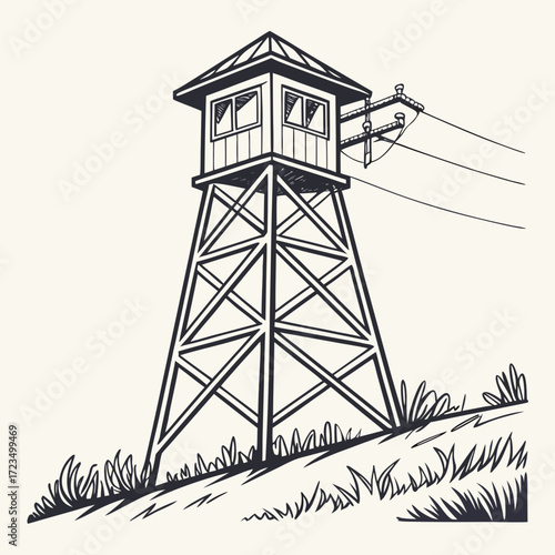 A hand drawn sketch of a tall observation tower with windows and a roof standing on a grassy hill with power lines attached