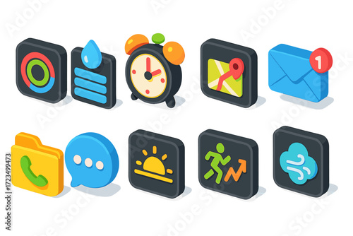 Colorful 3d icon set for apps. notifications, weather, map, and communication icons.