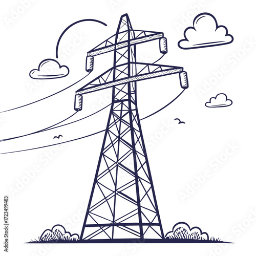A simple hand drawn sketch of a tall electricity pylon with power lines against a white background with clouds and birds