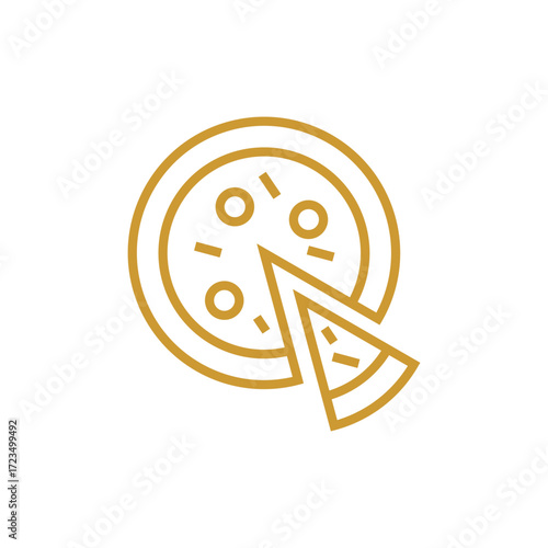 A minimalist golden line art illustration of a pizza with a slice being removed.