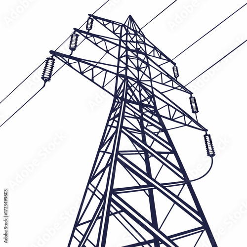 A stark graphic illustration of a tall electricity pylon with power lines against a clean white background