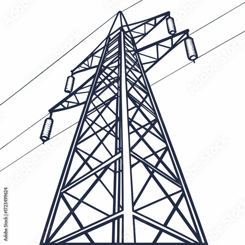 A stark graphic illustration of a tall electricity pylon with wires stretching across a white background
