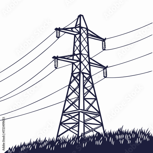 A striking silhouette of a tall electricity pylon stands against a white background with grass at its base