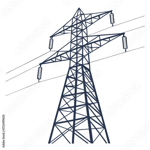 A stark minimalist illustration of a tall industrial electricity pylon supporting power lines against a clean white background