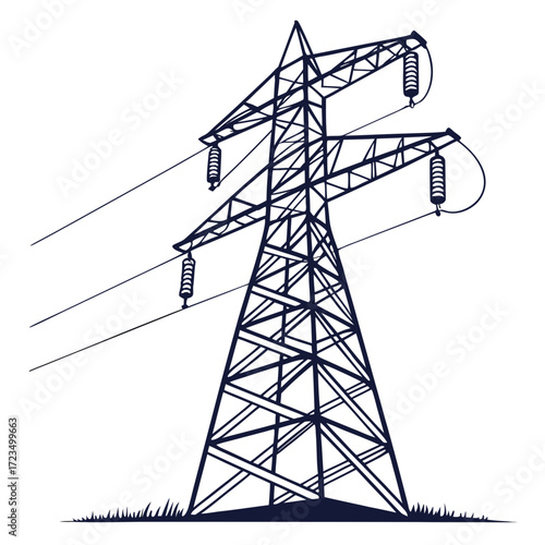 A stylized graphic illustration of a tall lattice style electricity pylon with power lines stretching across a white background