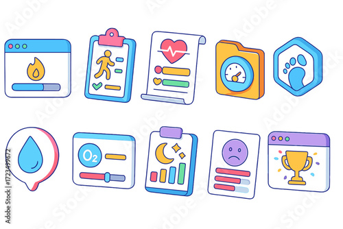 Health and wellness gradient icon set. fitness, wellbeing, health monitoring icons.