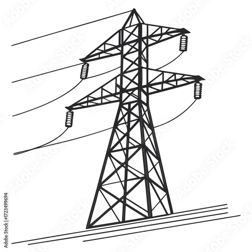 Black and white illustration of a large electricity pylon with power lines stretching across a white background