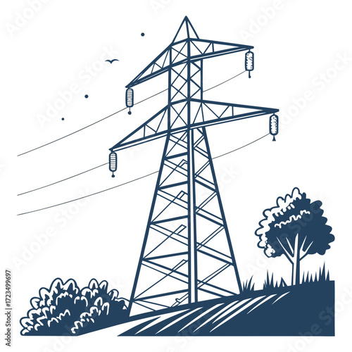 A stylized illustration of a tall electricity pylon with power lines stretching across a rural landscape