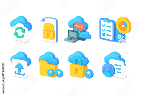 Cloud data 3d icon set. secure storage, file management, online backup icons 3d collection