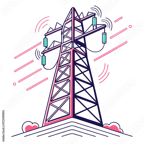 Modern communication tower transmitting signals with stylized waves and lines representing data flow