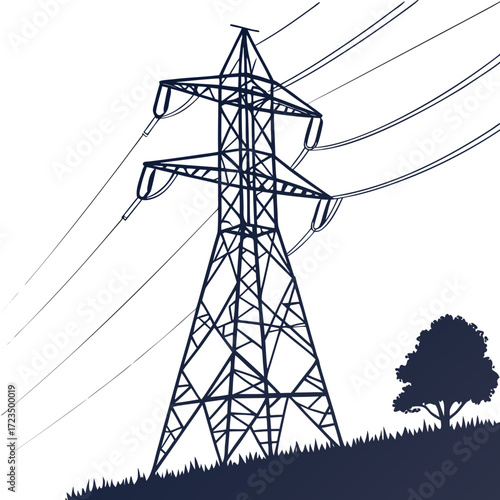 Silhouette of a large electricity pylon with power lines stretching across a white background with a tree and grass below