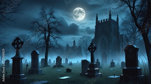 night scene with  castle and cemetery	