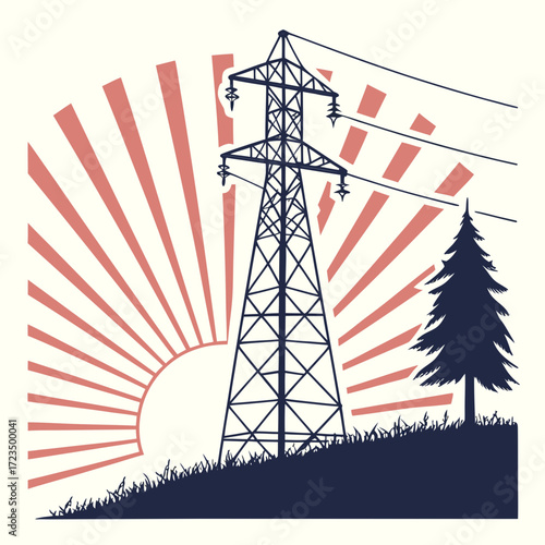 Silhouette of a tall electricity pylon standing in a field with a stylized sunburst and a single pine tree