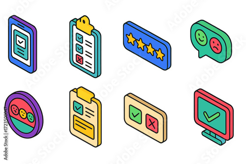Checklist and feedback icon set. isometric, colorful icons for evaluation and review.