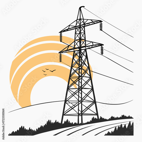 Silhouette of a tall electricity pylon against a stylized sun and rolling hills with birds flying