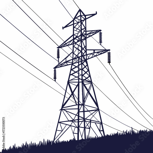 Silhouette of a tall electricity pylon with power lines stretching across a white background over grassy terrain
