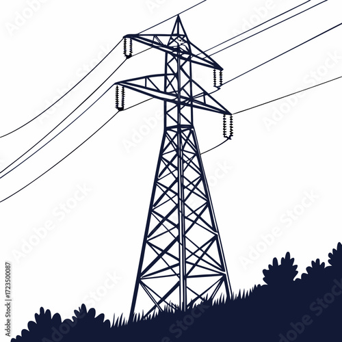 Silhouette of a tall electricity pylon with power lines stretching across a white background with a grassy hill and bushes below
