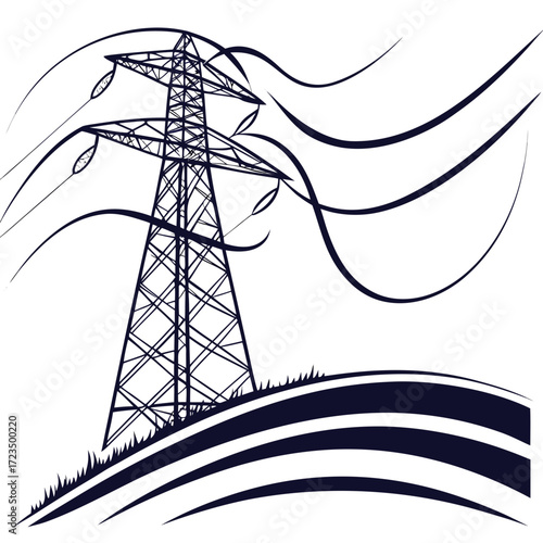 Stylized graphic illustration of a dark blue electrical pylon with flowing lines against a white background