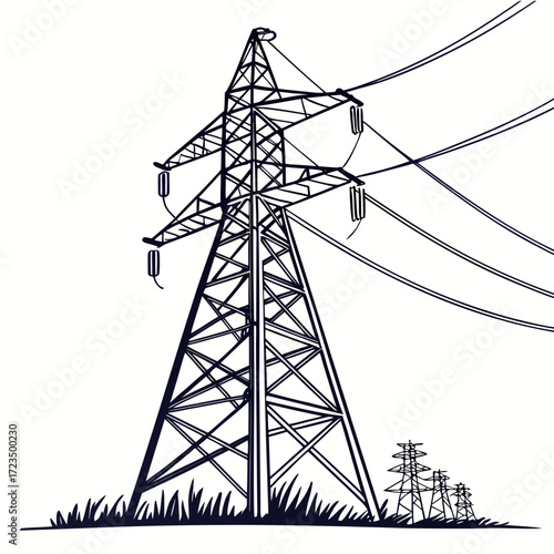 Stylized illustration of a large electricity pylon with power lines stretching across a white background
