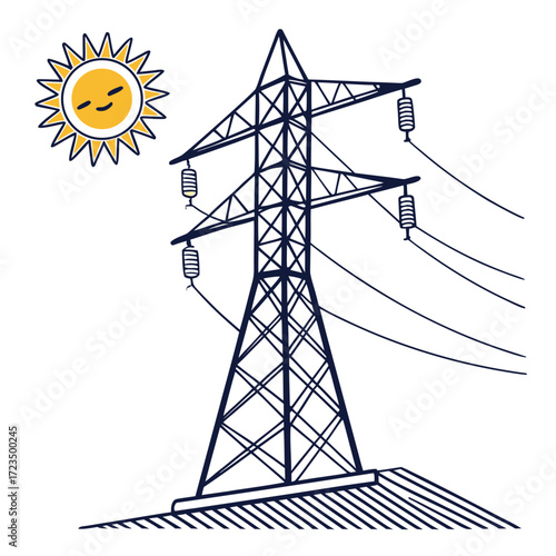 Stylized illustration of a power transmission tower with overhead wires and a happy sun symbol nearby