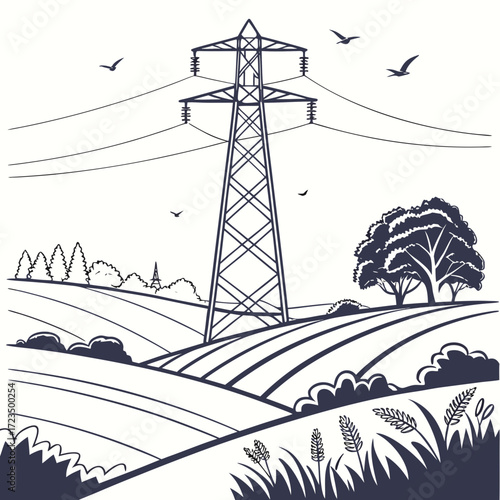 Stylized illustration of a towering electricity pylon in a rural landscape with rolling fields and trees