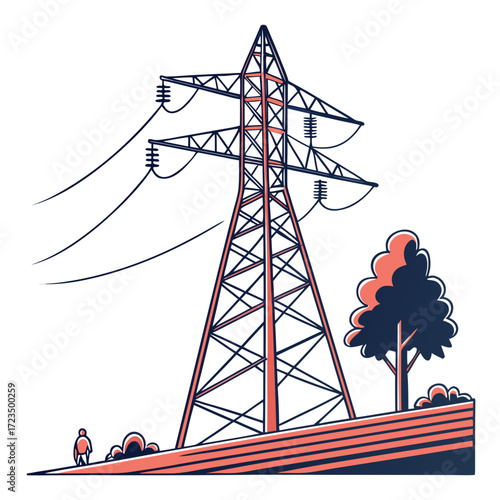 Stylized illustration of a tall electricity pylon with power lines stretching across a landscape with a small figure and a tree
