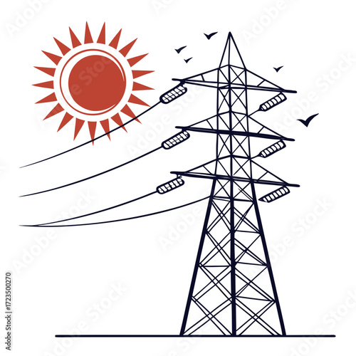 Stylized illustration of a tall electricity pylon with power lines under a bright sun and flying birds