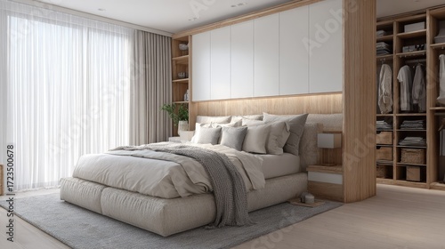 Cozy neutral bedroom with large fabric bed, modern decor, wardrobe, subtle wood tones, and ultra realistic daylight textures