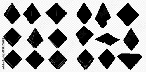 Collection of black diamond shapes in various orientations and arrangements against a transparent background.