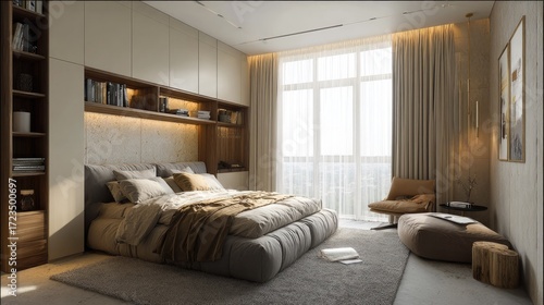 Cozy neutral bedroom with large fabric bed, modern decor, wardrobe, subtle wood tones, and ultra realistic daylight textures