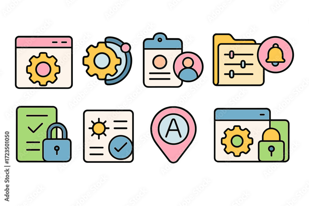 Settings, configuration flat icon set. tools, preferences, gear flat icons collection