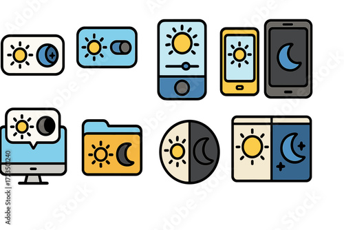 Day and night flat icon set. sun, moon, light and dark theme interface elements