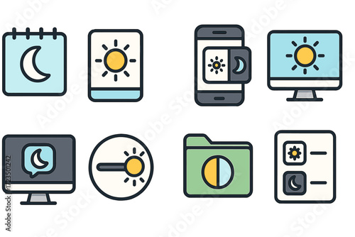 Weather and time flat icon set. sun, moon, day and night symbols collection