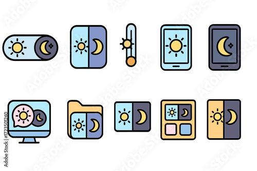 Day and night flat icon set. sun, moon, weather symbols in a detailed flat style