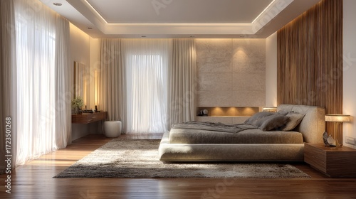 Elegant minimalist bedroom featuring large bed with fabric upholstery, soft light streaming on wood textures, makeup desk, and lamps