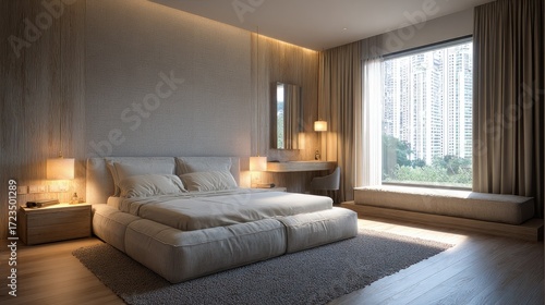 Elegant minimalist bedroom featuring large bed with fabric upholstery, soft light streaming on wood textures, makeup desk, and lamps