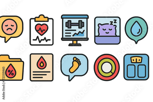 Health and fitness line icon set. wellness, exercise, and healthy living symbols.